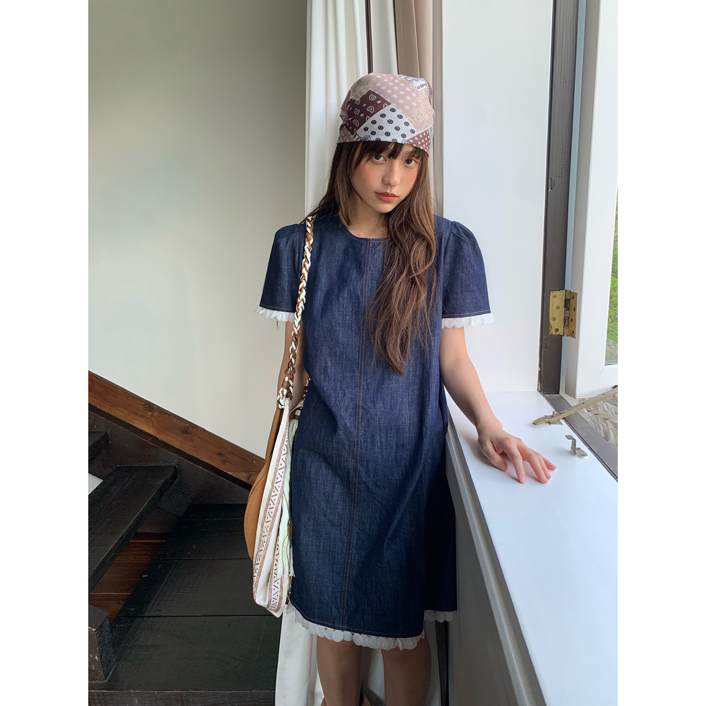 25夏季复古牛仔花边中长款圆领短袖连衣裙女S5301