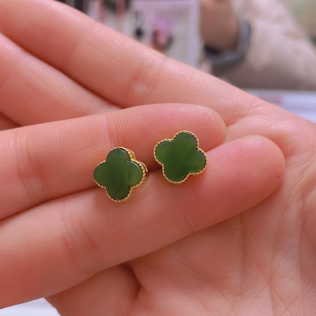 和田玉耳饰银S925镀金镶嵌