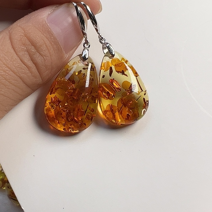 琥珀（花珀）银S925镶嵌耳饰