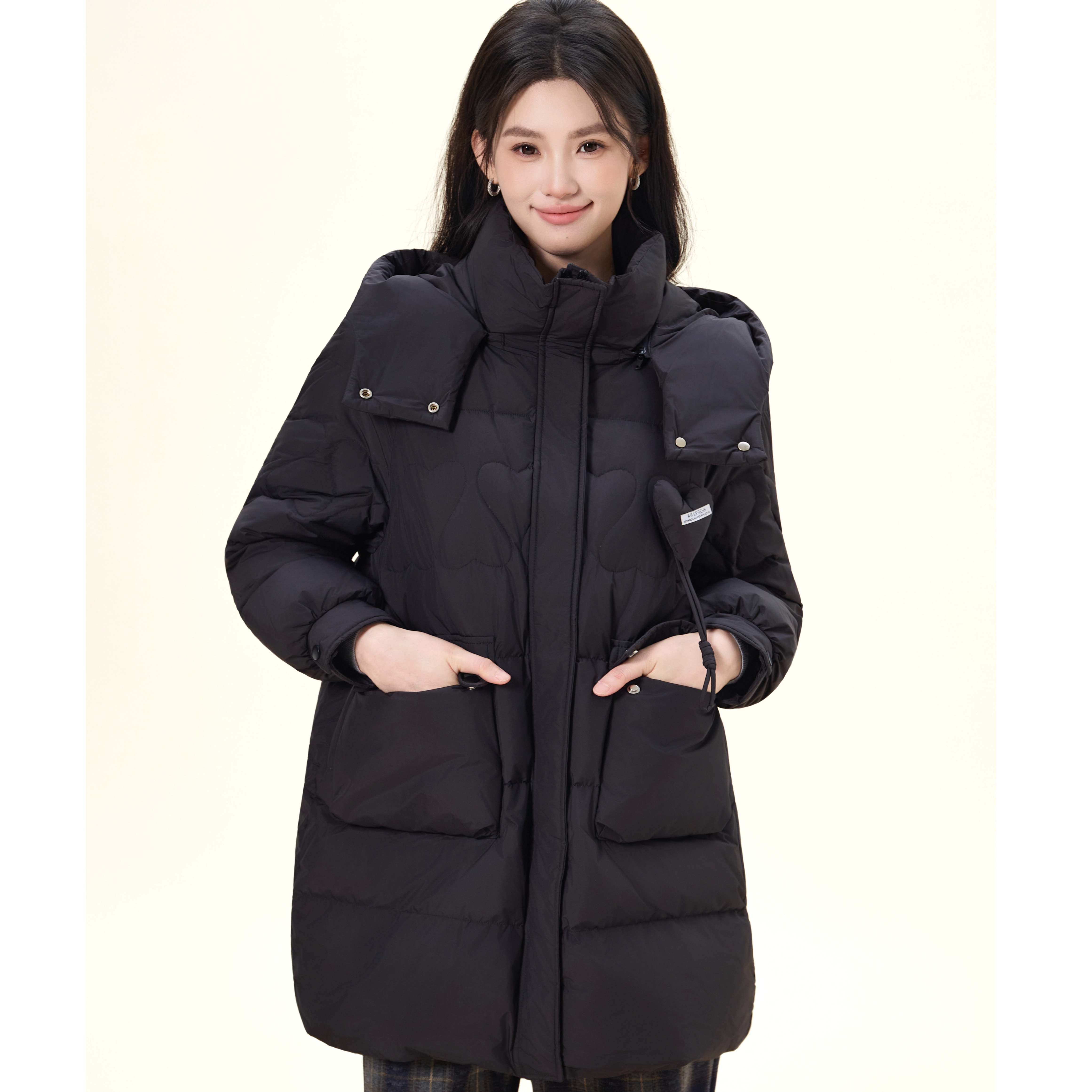 茵曼25冬季90鸭绒连帽羽绒服圆领百搭保暖中长款外套