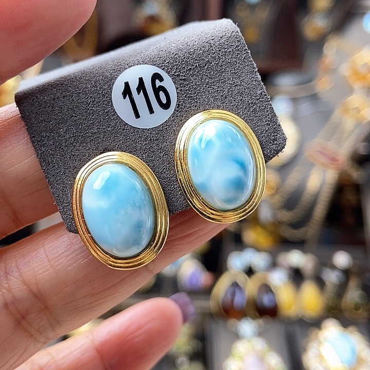 针钠钙石（海纹石）耳饰银S925镶嵌耳钉