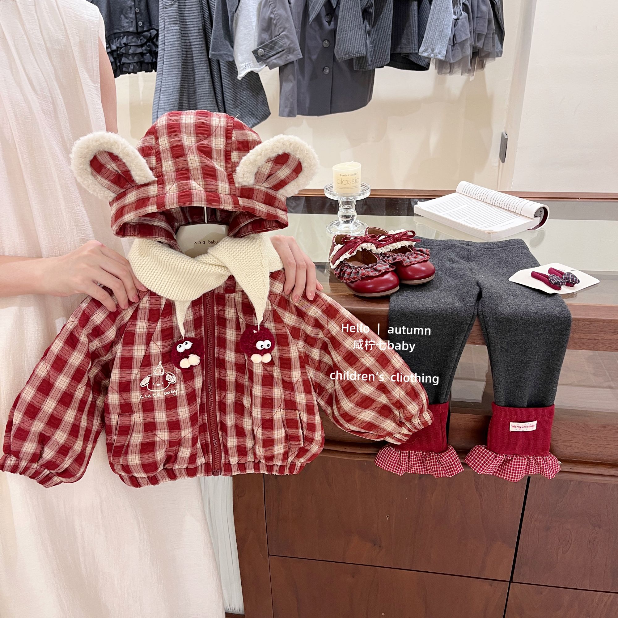 【咸柠七】小煤球！女童兔耳朵格子棉衣外套韩版秋冬款加绒加厚棉服