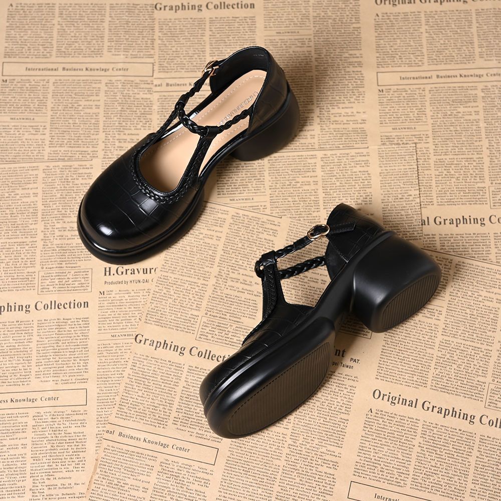 时装凉鞋圆头高跟女包头厚底黑色学院风包头凉鞋百搭