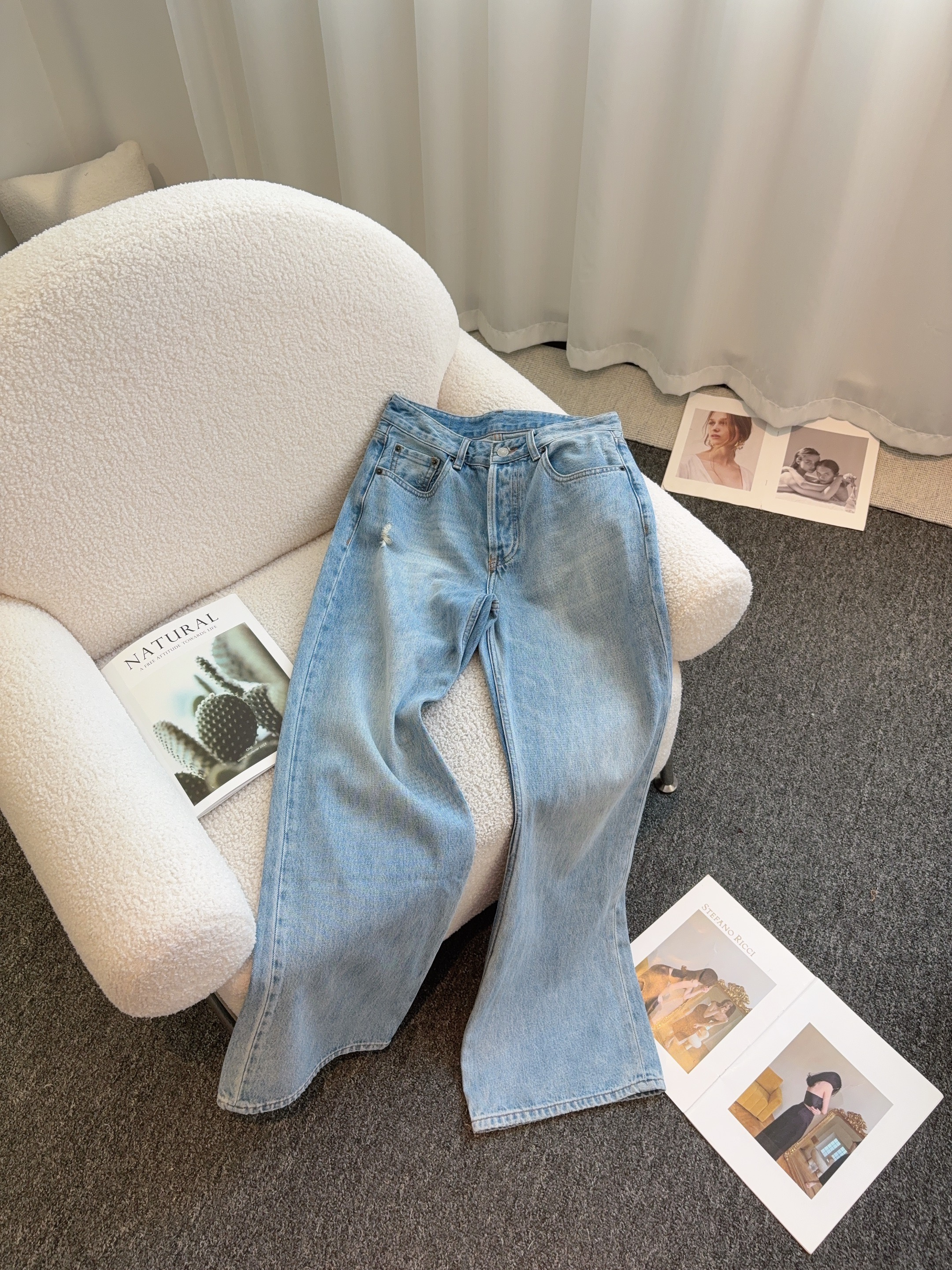 复古港风洋气时尚高腰直筒多粒扣牛仔裤