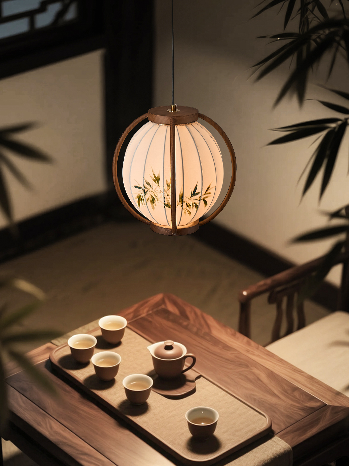 宋代美学风格实木灯笼小吊灯手绘竹叶图案餐厅吊灯吧台主灯卧室灯