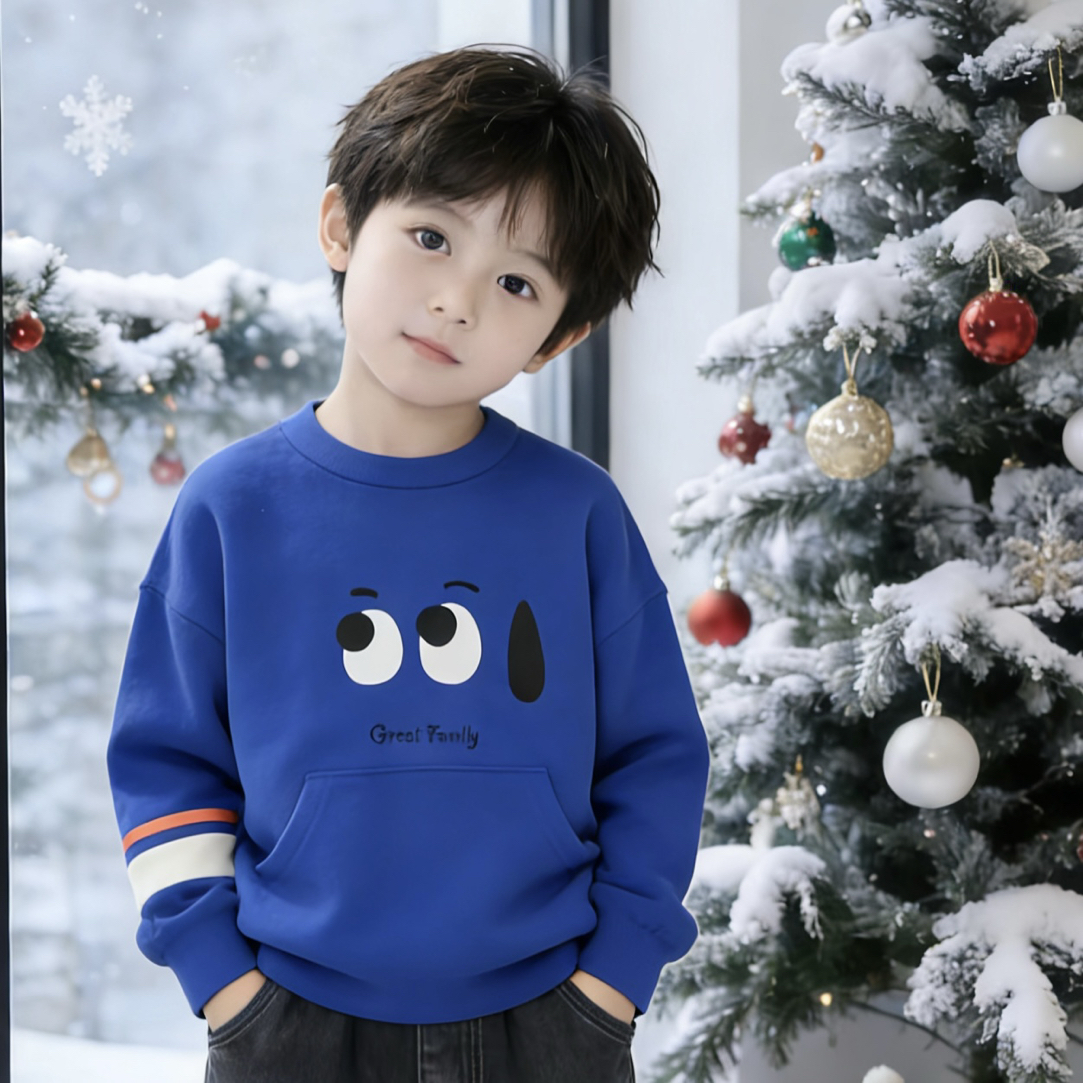 秋冬季男童时尚印花潮流休闲拼接加绒卫衣中大童圆领保暖上衣