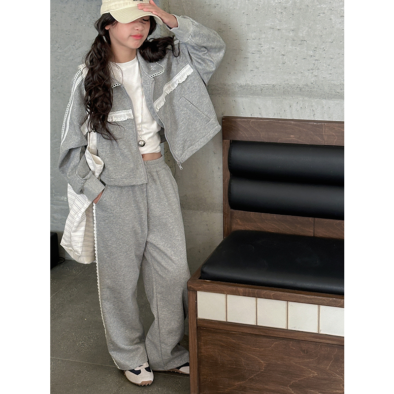 K28216蕾丝拼接女童卫衣套装2025春装新款儿童运动两件套春秋衣服