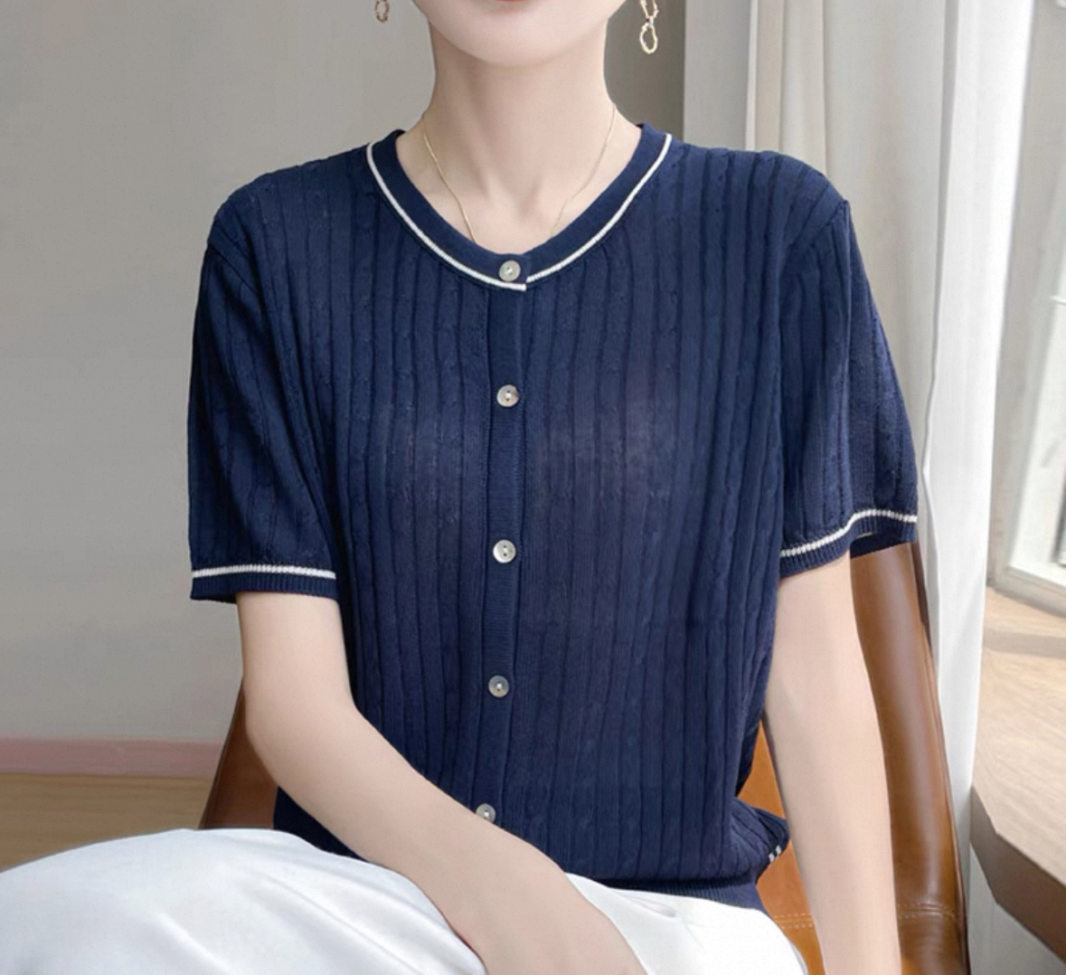 【欧琲】L728#藏青色螺纹圆领开衫上衣