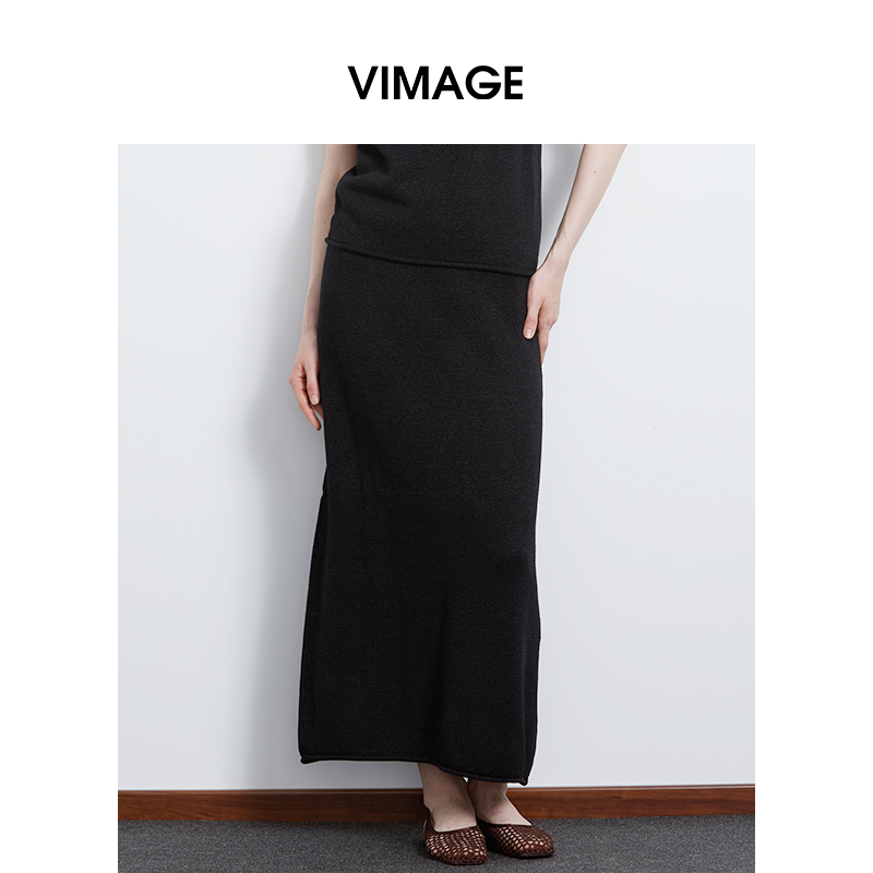 VIMAGE纬漫纪高腰简约百搭黑色廓形显瘦半身裙2025夏季V2301939