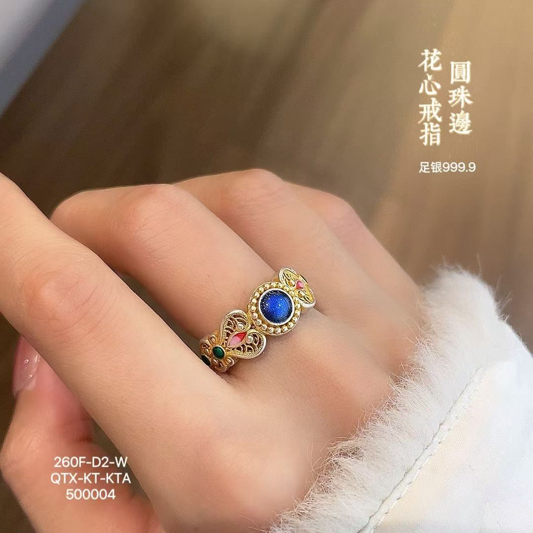 足银戒指 复古宫廷风戒指足银999.9珐琅描金纯银戒指女时尚民族风