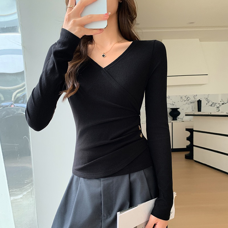 【婷婷家】小个子秋季百搭褶皱显瘦V领上衣#K2107