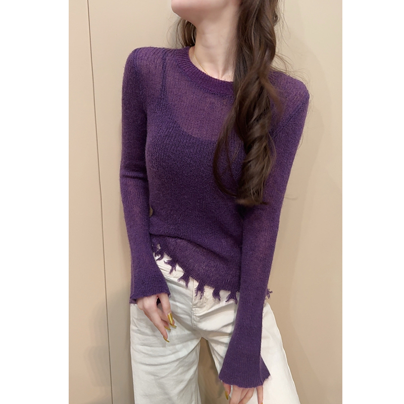 中比例马海毛毛衣冬季圆领马海毛毛衣女修身显身材长袖毛边针织衫