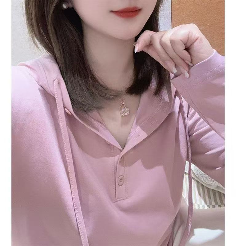 简约休闲连帽长袖T恤女春季新款百搭洋气舒适显瘦纯色上衣小衫潮
