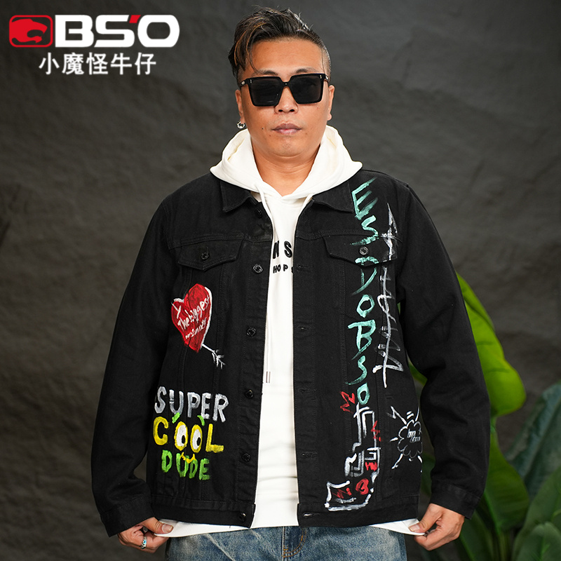小魔怪2025美式字母手绘涂鸦牛仔外套男款高街潮牌宽松夹克男大码
