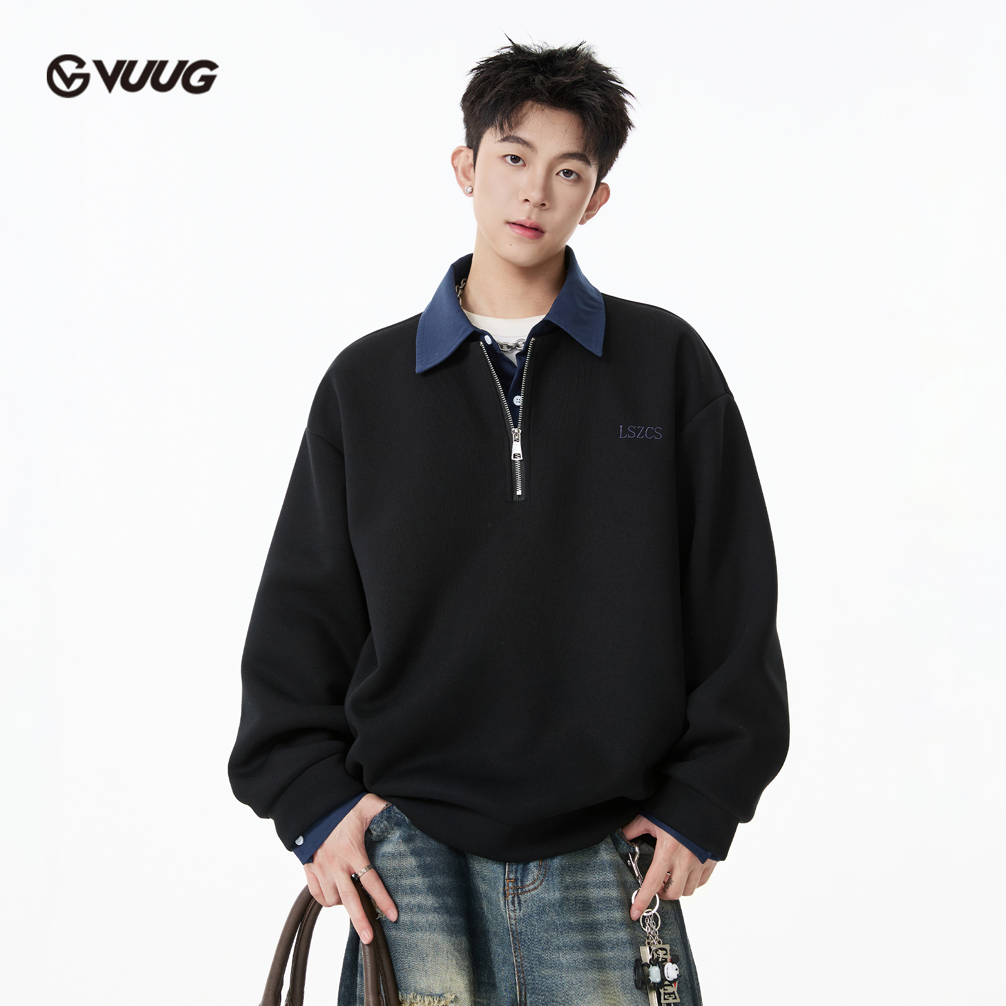 VUUG美式假两件POLO衫半拉链卫衣男款春秋季潮牌宽松百搭休闲上衣