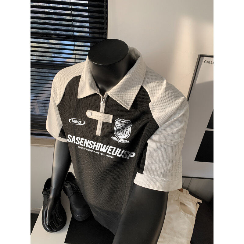 华夫格半拉链polo领重磅短袖t恤男夏季美式高街潮牌宽松五分半袖