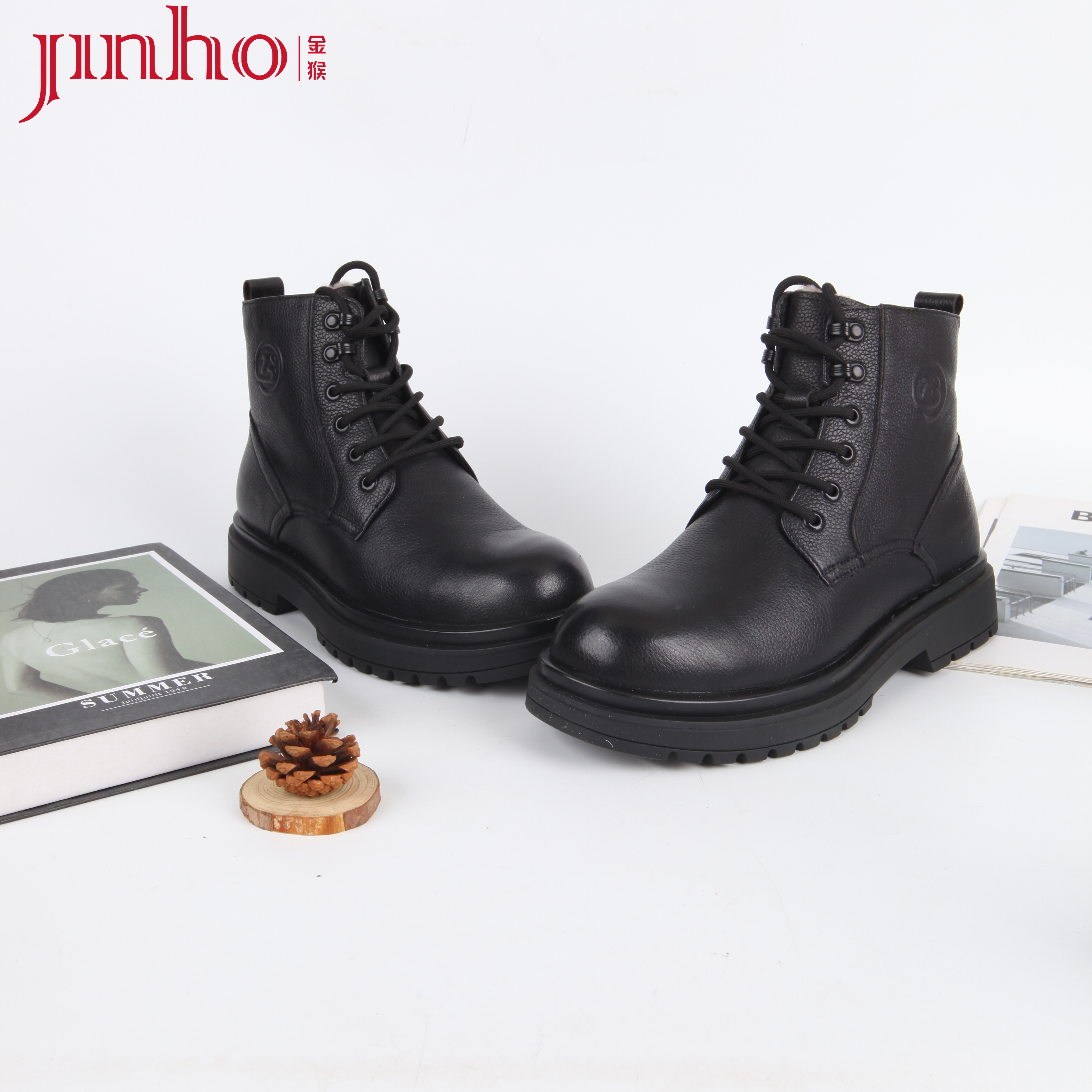 Jinho/金猴英伦加绒真皮男靴黑色冬季舒适休闲中帮马丁靴耐磨防滑