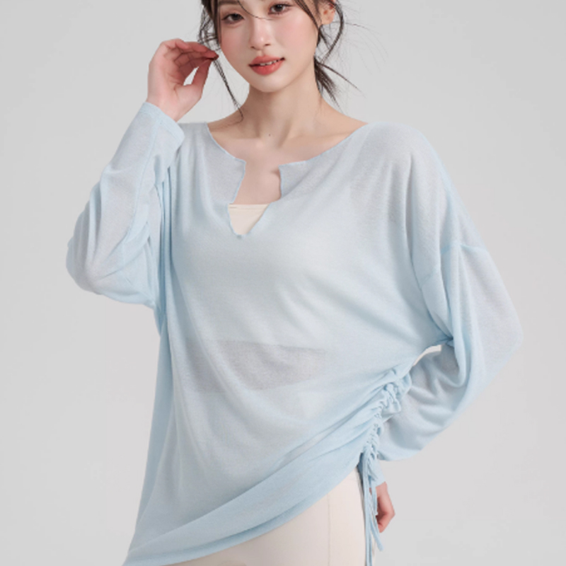 宽松瑜伽服上衣休闲显瘦运动罩衫V领透气普拉提训练长袖