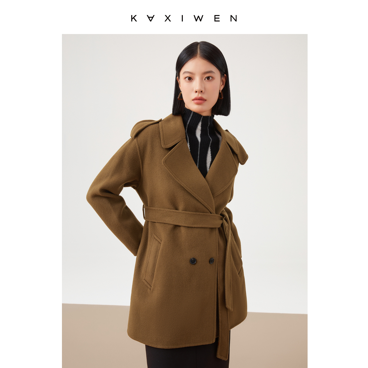 【达人专属】冬季时尚v领长款双排扣毛呢大衣羊毛大衣X10ADE8668