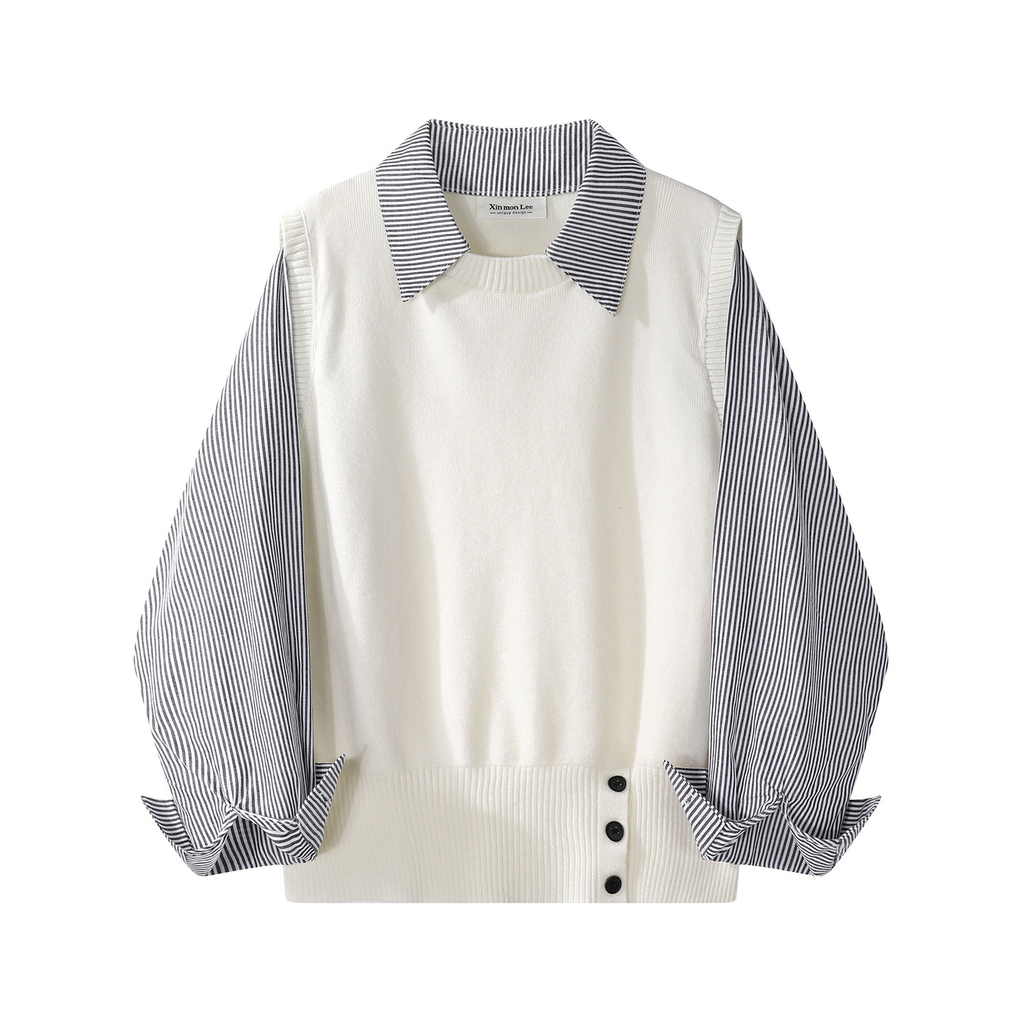 假两件Polo领长袖针织衫女秋季新款韩系通勤拼接条纹上衣