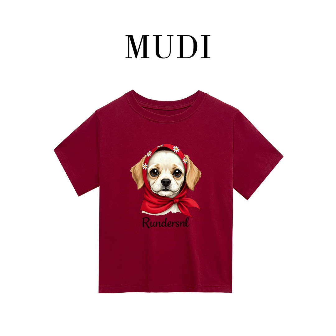 美式复古小狗印花正肩t恤女夏季新款修身显瘦多巴胺辣妹上衣