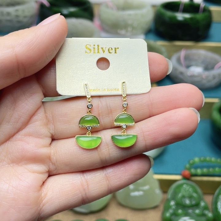 和田玉耳饰银S925镶嵌