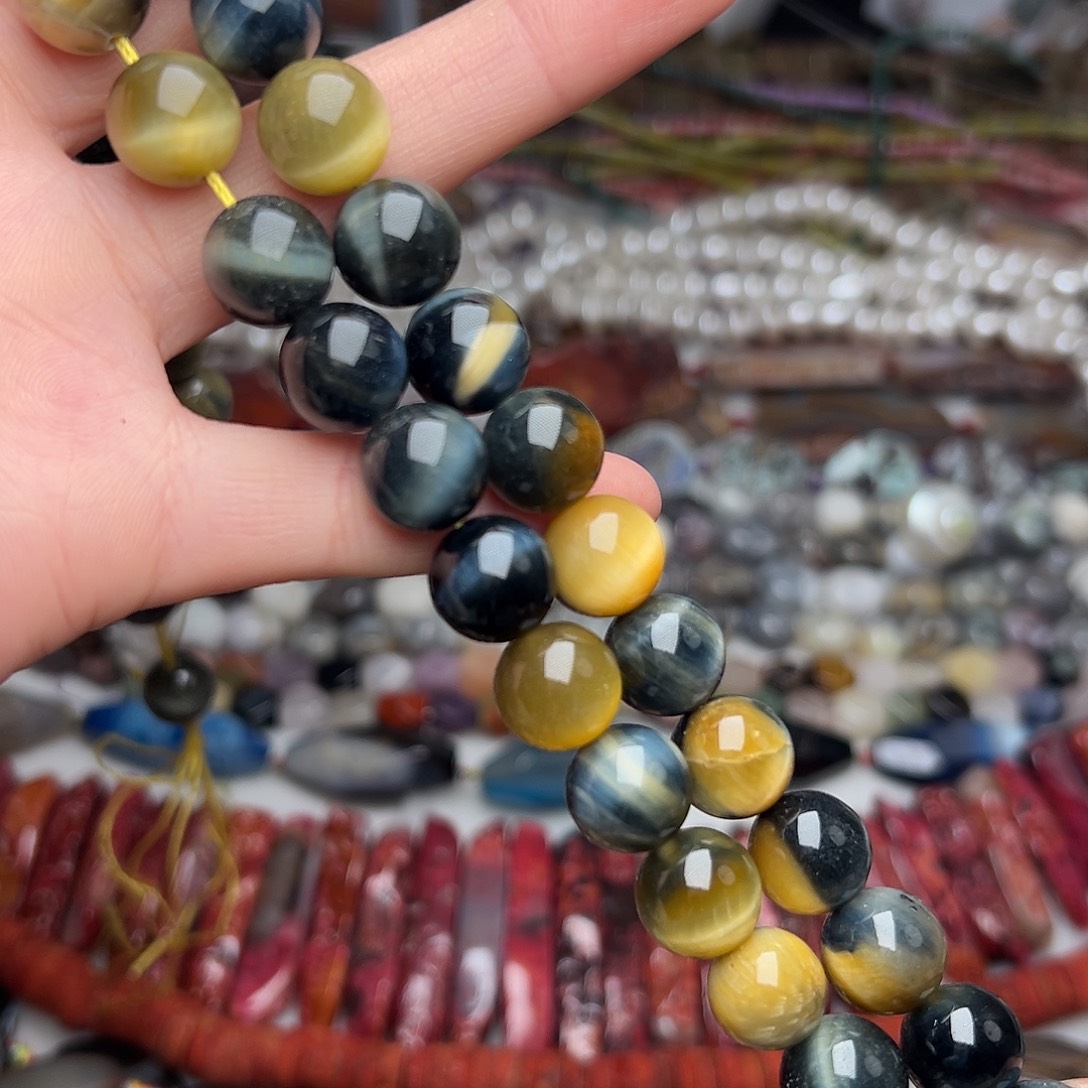 玛瑙/玉髓合金珠宝半成品Y34。12.9mm天然金蓝虎眼圆珠一条