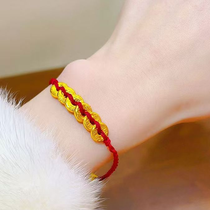 铜合金手链 新中式古法金黄金色锦鲤鱼吉言钱币手链女本命年礼物