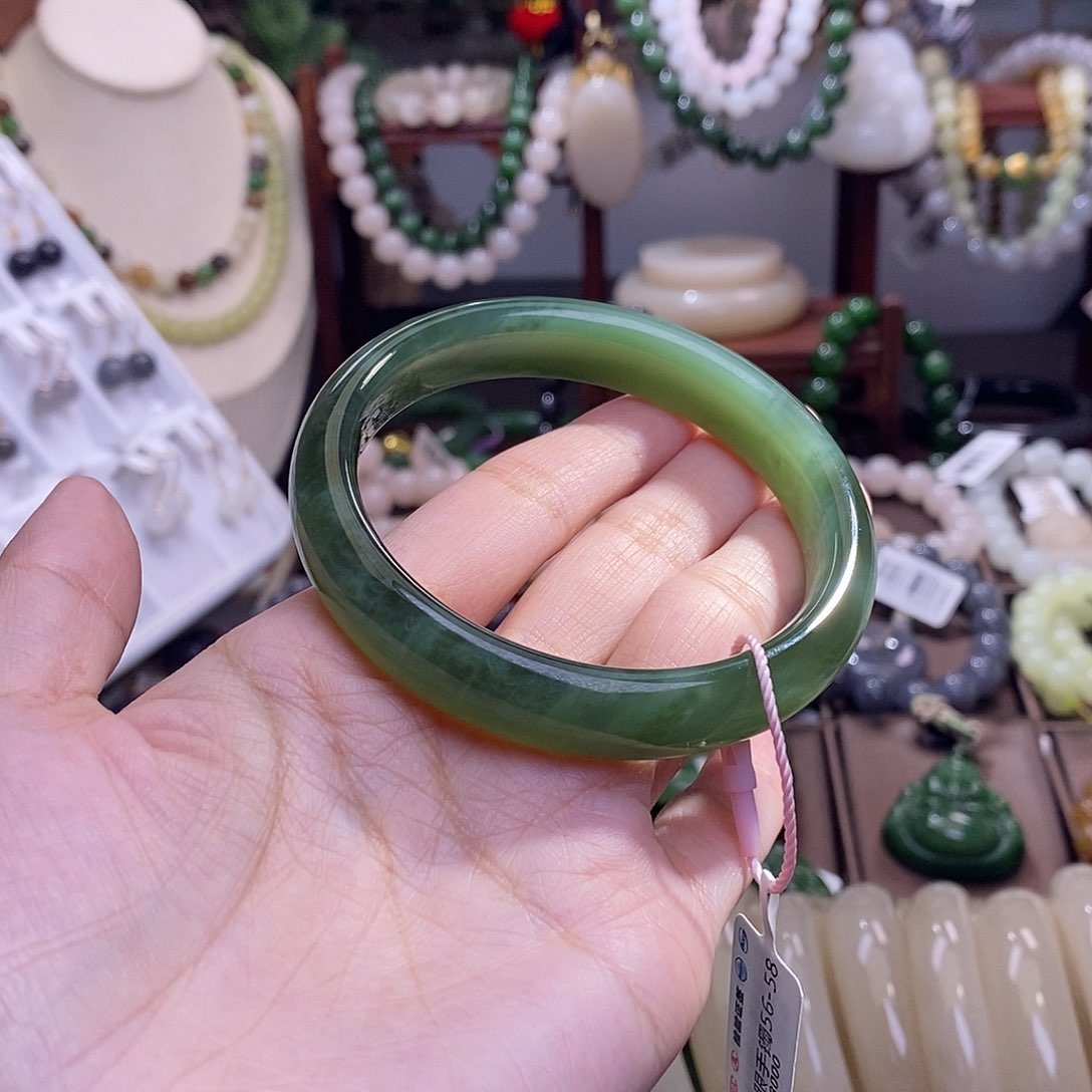 和田玉收藏俄料碧玉绿猫眼手镯57.5未镶嵌