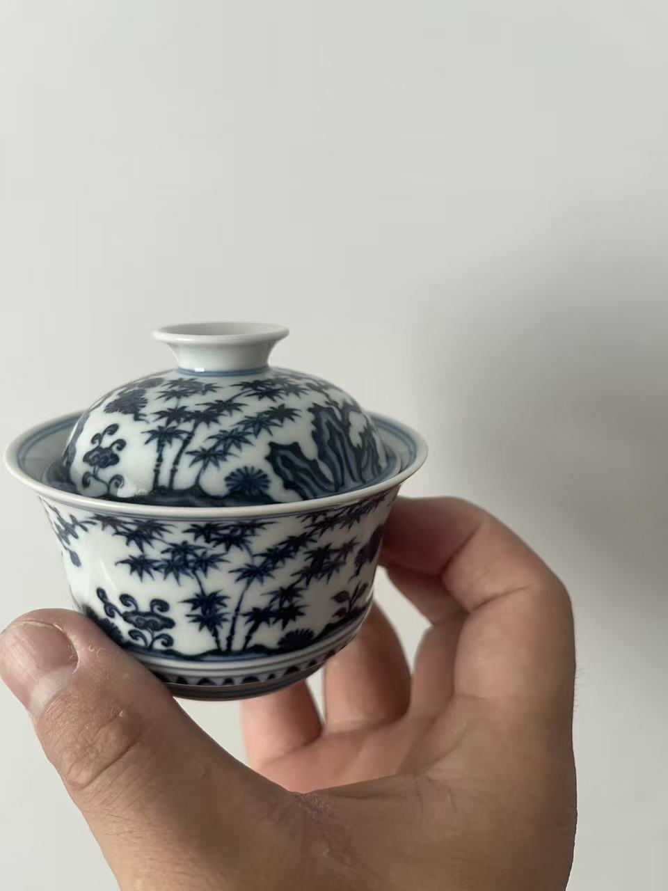 松竹梅马蹄盖碗陶瓷茶具青花全手工手绘