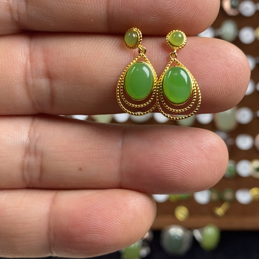 和田玉（碧玉）戒指银S925镀金镶嵌