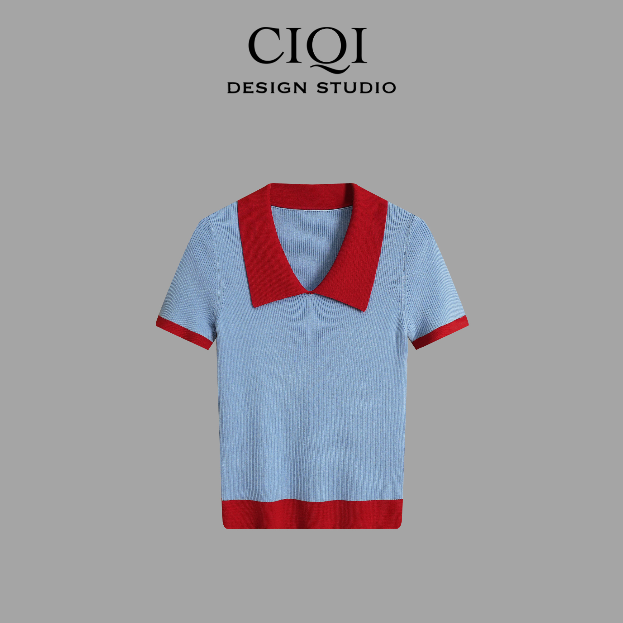 CIQI STUDIO【夏日气水】夏100%莱赛尔撞色Polo领百搭针织衫DY25915