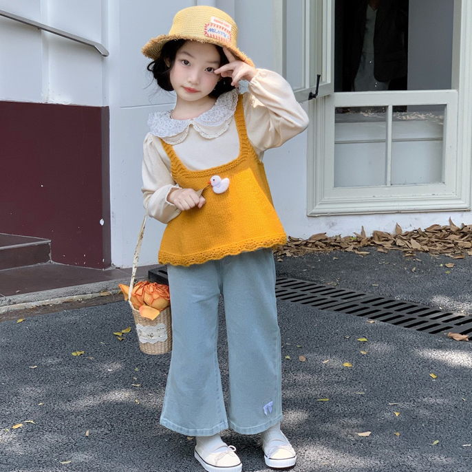 2025秋季新款女童小鸭子毛线吊带背心翻领碎花打底衫牛仔裤套装