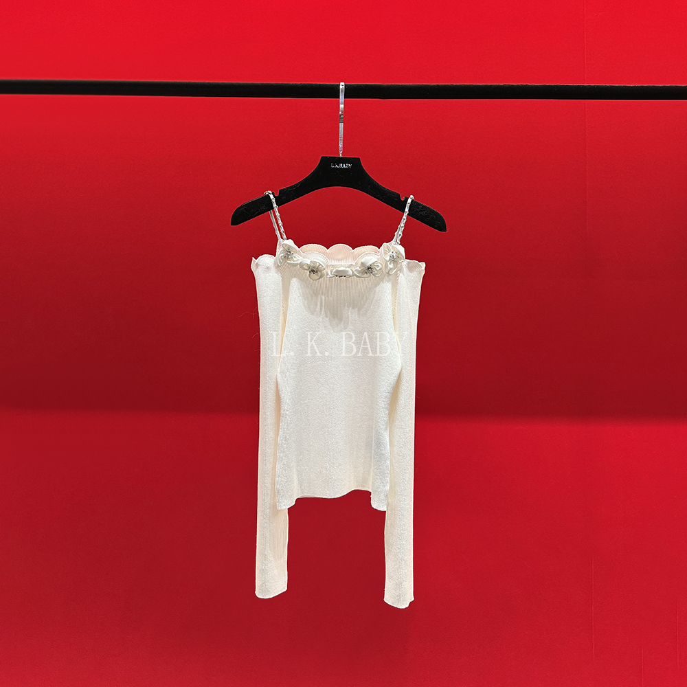 【L.K BABY】玉肩承雪 法式名媛纯欲水钻花朵一字肩上衣