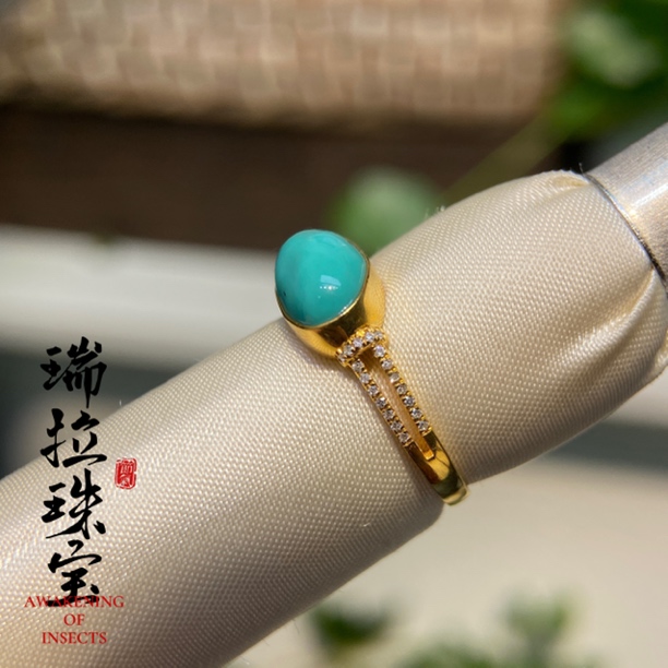 天然原矿高瓷高蓝绿松石18k金戒指重工镶嵌轻奢气质