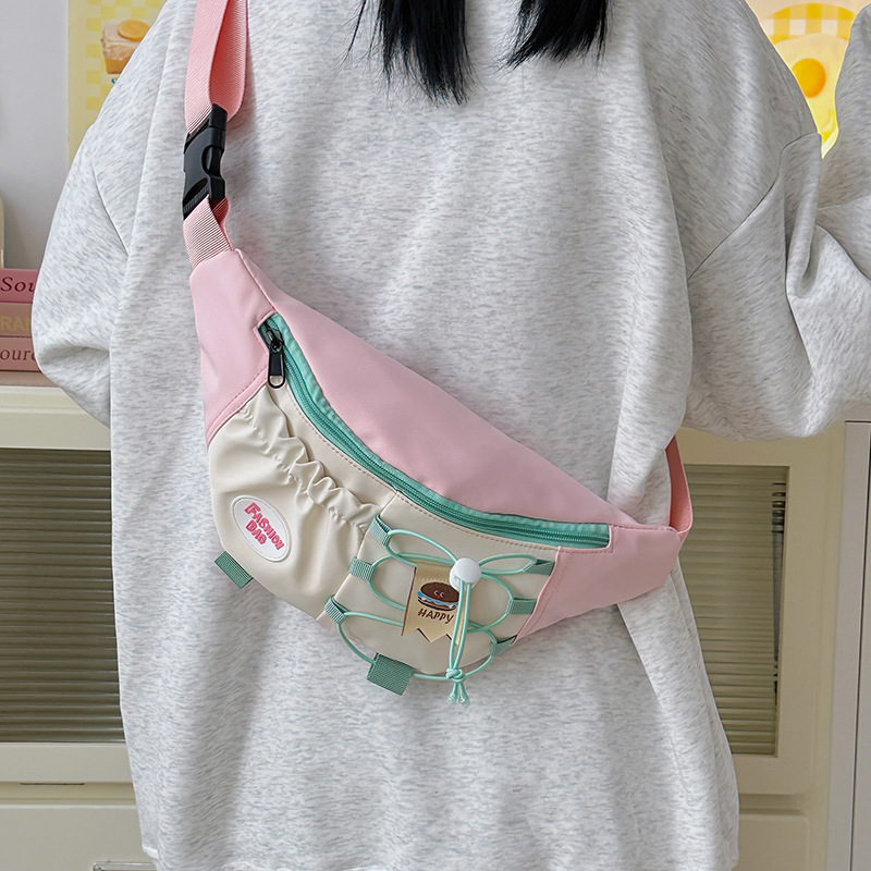 新款日系夏季撞色胸包女韩版大容量抽绳斜挎包少女百搭运动腰包