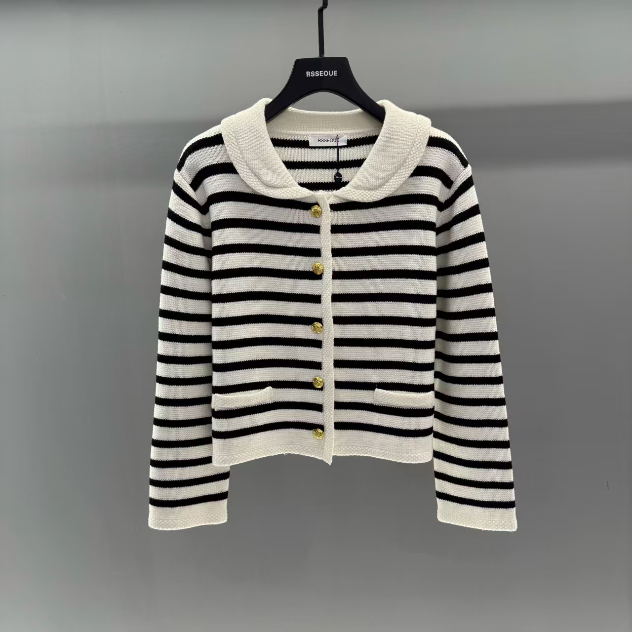 小香风上衣韩系娃娃领拼色洋气黑白撞色条纹针织开衫X223