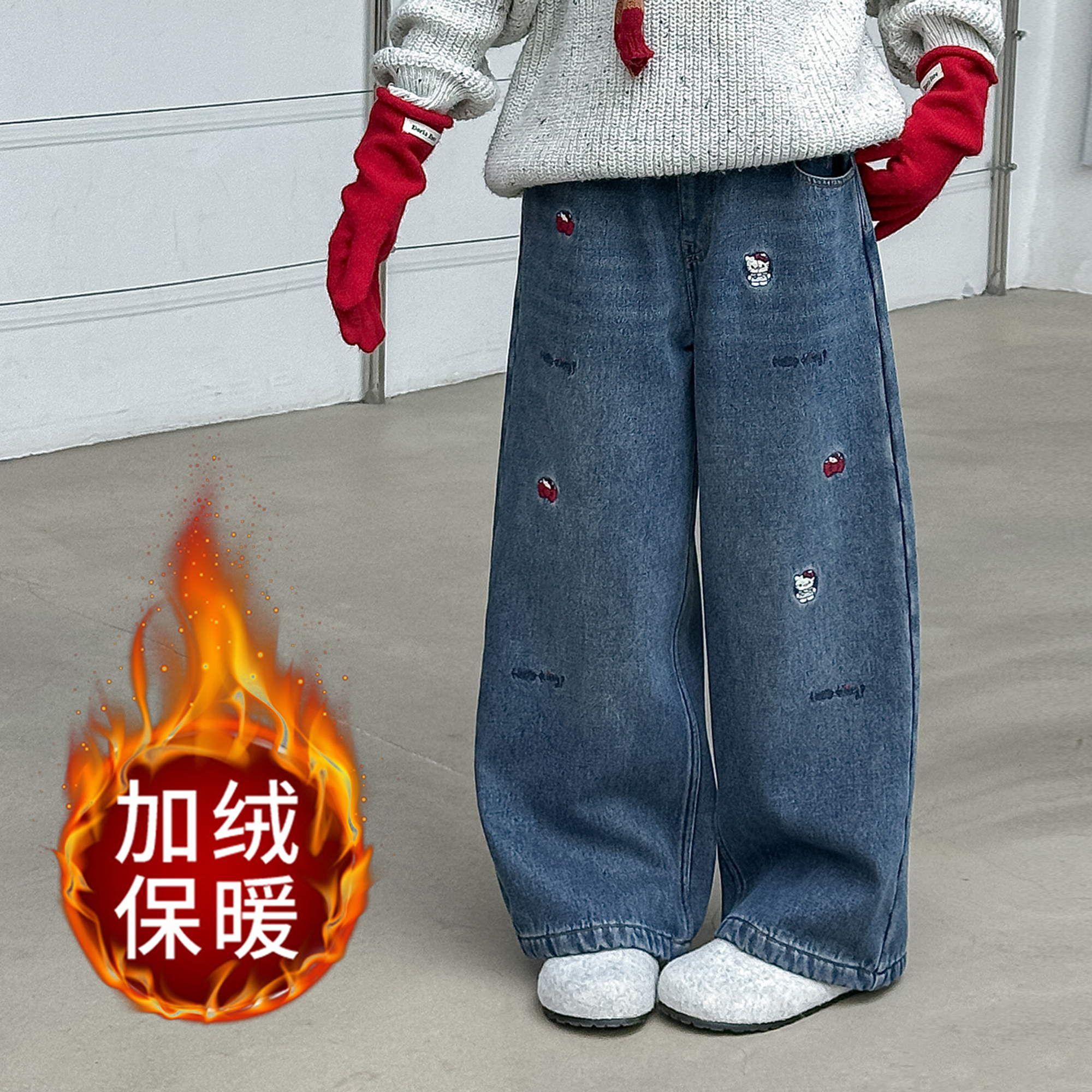 童装女童冬季加绒牛仔裤2025新款中大童加厚直筒裤子潮DLL317