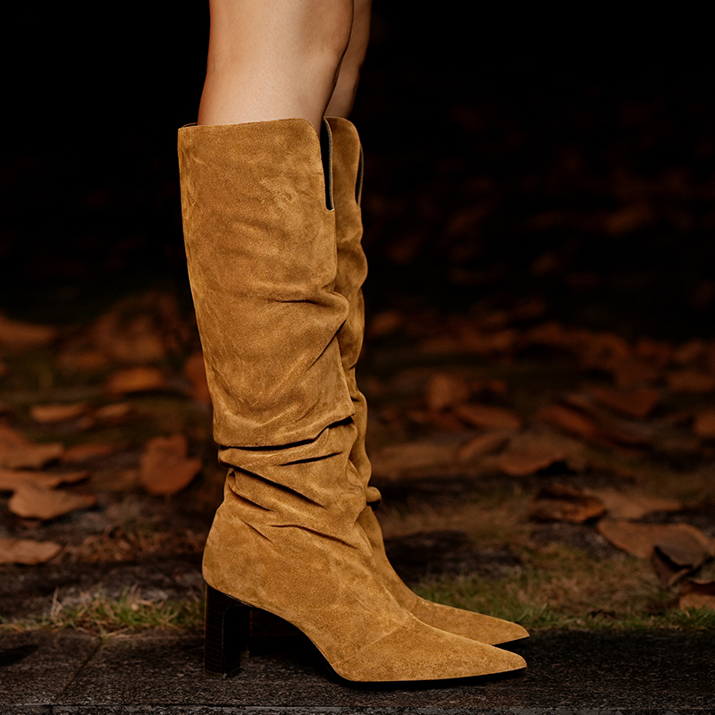 【西部女王】时装靴女靴马靴粗跟复古骑士中筒驼色堆堆靴西部牛仔靴