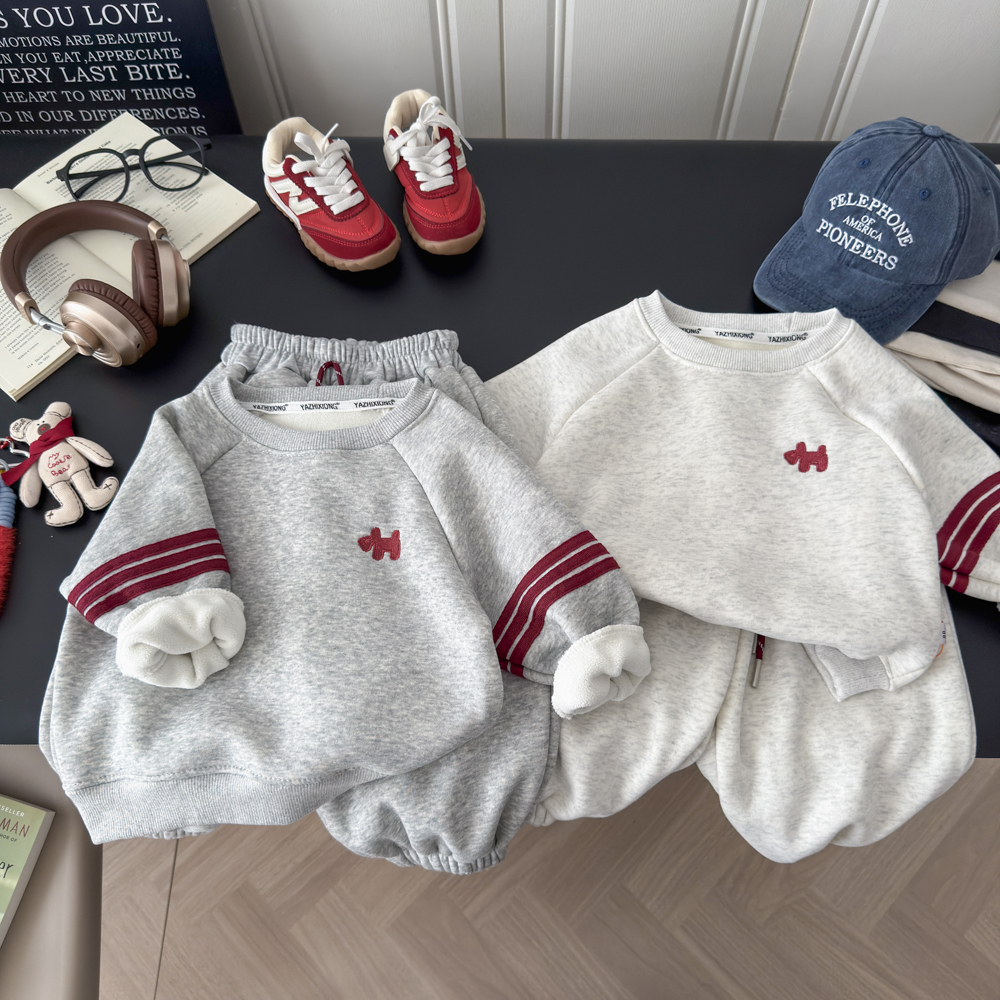 【加绒加厚】儿童刺绣卫衣套装2025秋季新款男女宝宝宽松上衣潮