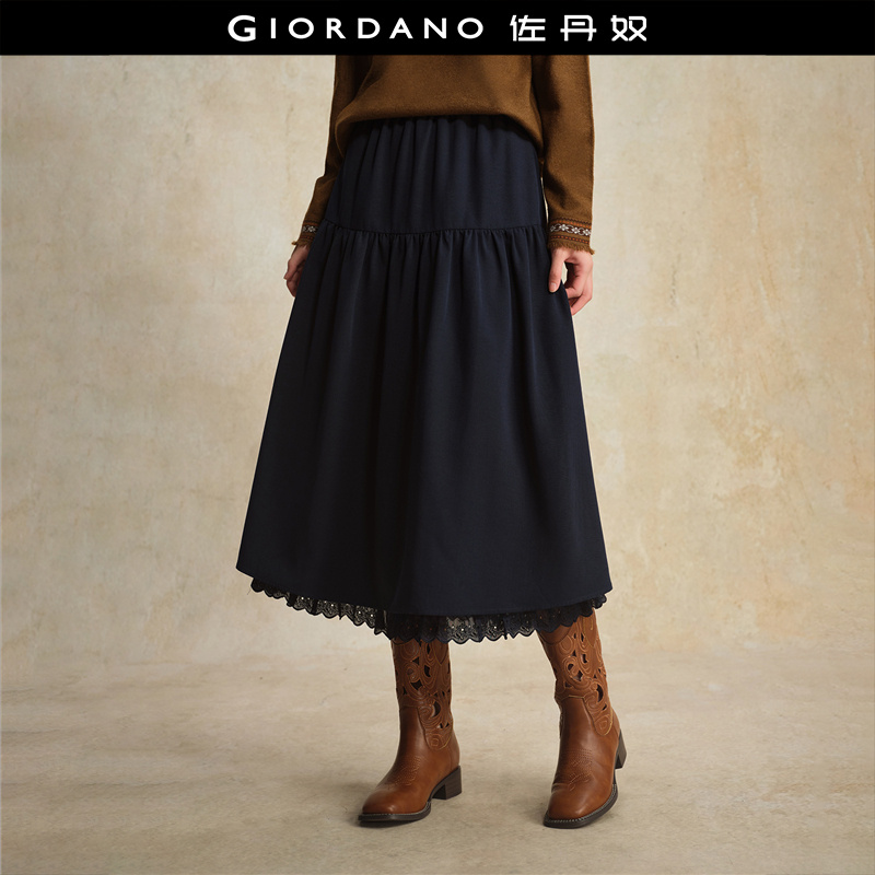 佐丹奴设计感半身裙女拼接蕾丝花边下摆秋季松紧腰半身裙18465228