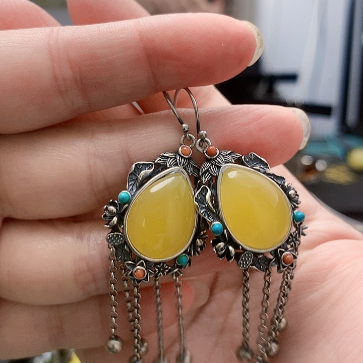 琥珀裸石银S925镶嵌耳坠