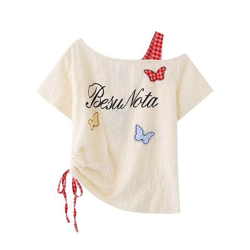 胖mm大码女装美式辣妹蝴蝶绣花斜肩短袖t恤女2025独特超好看上衣