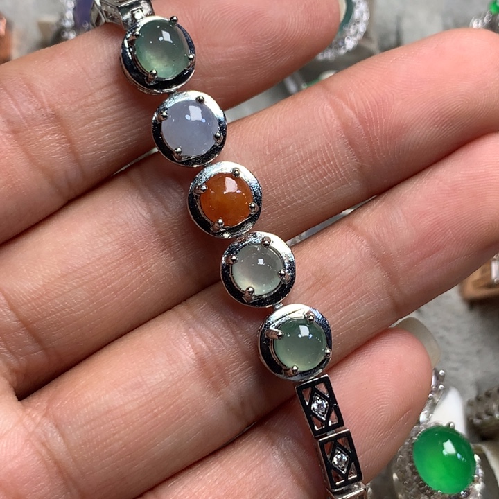 温***月翡翠银S925镶嵌颈饰天然翡翠手链