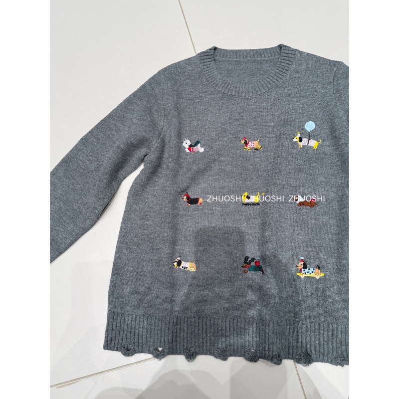 #23258【灰釉艺述】简约臻绣小狗圆领针织衫 宽松百搭遮肉显瘦毛衣