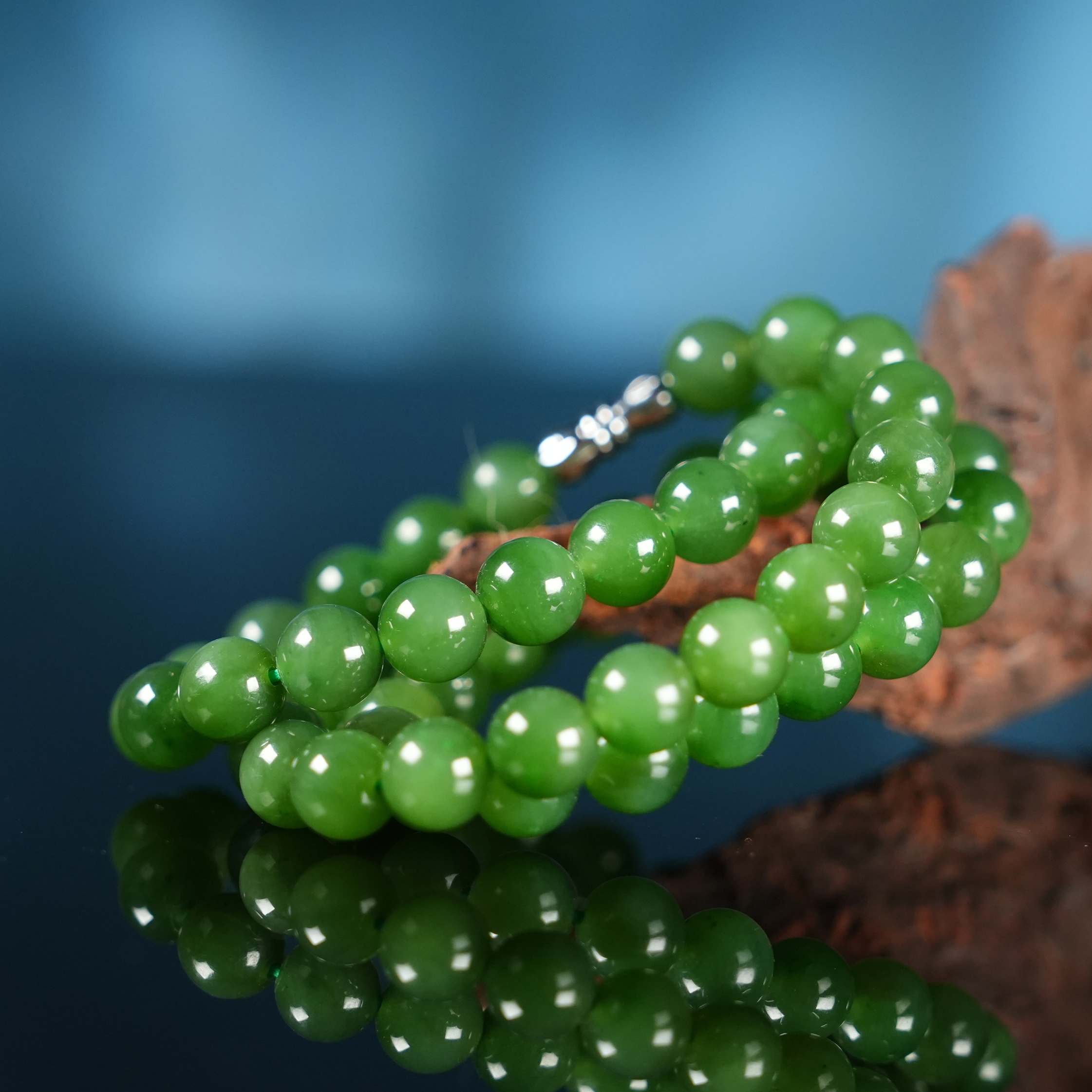 和田玉碧玉项链8mm圆珠女款绿色双圈玉手串菠菜绿长链505215