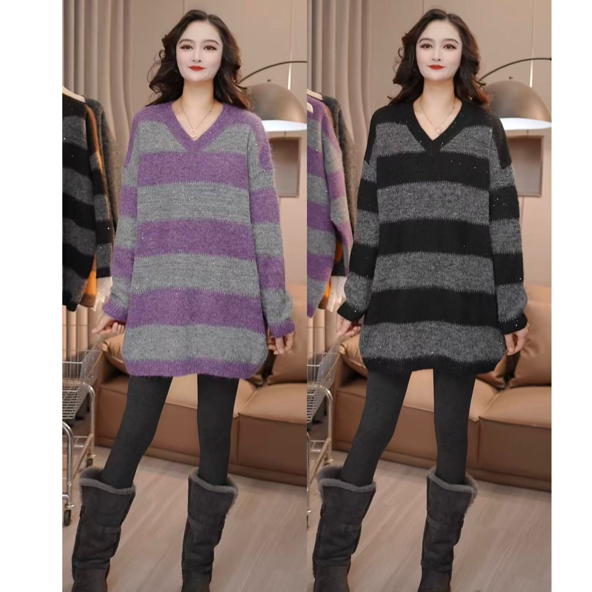 2025新款针织慵懒风条纹长袖常规毛衣秋冬季时尚厚款显瘦1163#