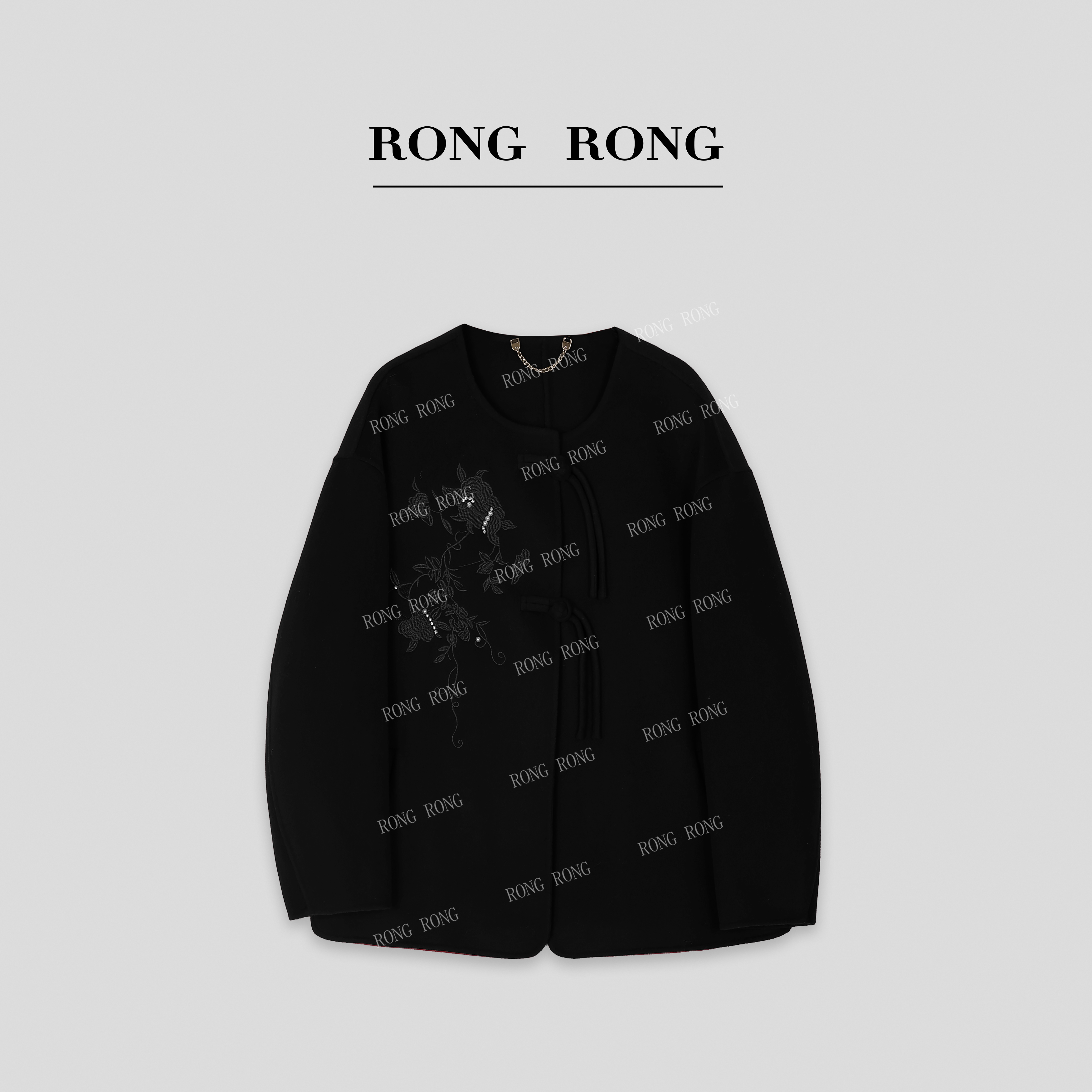 溶溶【辞树朝花】RONGRONG 绵羊毛山羊绒混纺国风刺绣毛呢外套9329