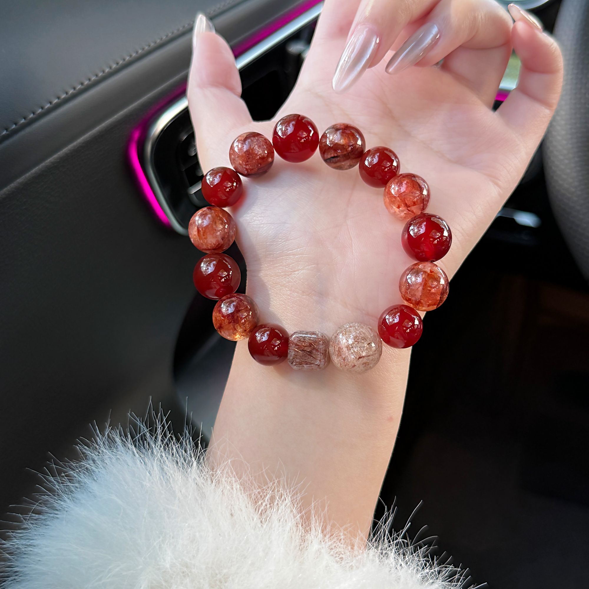 【玫瑰庄园】13.5mm红胶花原创设计感天然水晶手串女高级感Y326