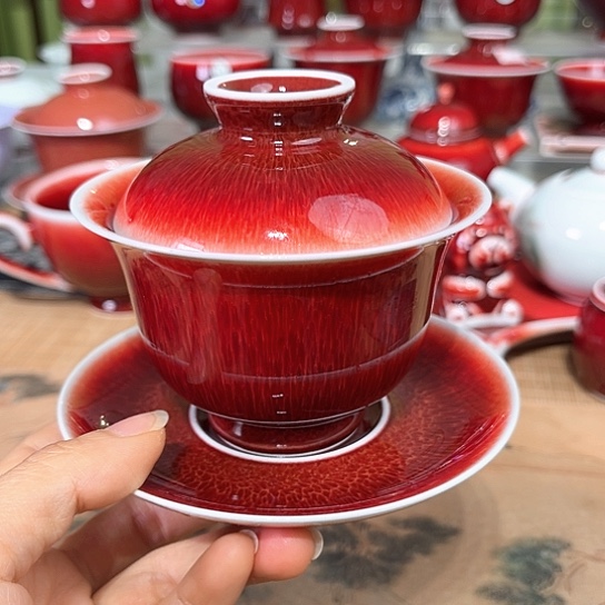 景德镇陶瓷红马坊盖碗